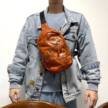 Модная мужская нагрудная сумка из кожи растительного дубления, сумка через плечо из воловьей кожи первого слоя, повседневная сумка через плечо в стиле ретро, сумка-слинг
