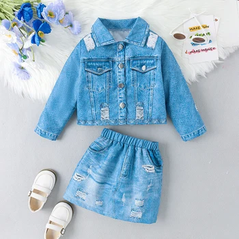 Осенняя одежда для младенцев и маленьких девочек из 2 предметов, джинсовое пальто с длинным рукавом и пуговицами, синяя рваная юбка, комплект