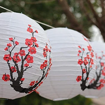 12-дюймовые японские / китайские бумажные фонарики с вишневым цветом (набор из 5 штук, красная сакура)