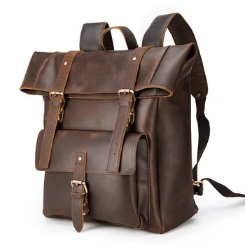 Мужской рюкзак Crazy Horse из натуральной кожи, 17-дюймовый рюкзак для ноутбука, большая вместительная мужская дорожная сумка-тоут, винтажная школьная сумка через плечо