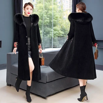 Зимняя шуба из искусственного меха, женские Толстые Теплые пальто с принтом, с капюшоном, с длинным рукавом, Черная приталенная одежда в винтажном стиле