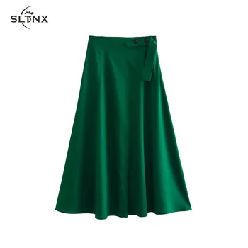 SLTNX Длинные юбки для женщин, мода 2023, зеленая юбка Миди трапециевидной формы, женские Шикарные Элегантные Летние Повседневные Свободные юбки на пуговицах