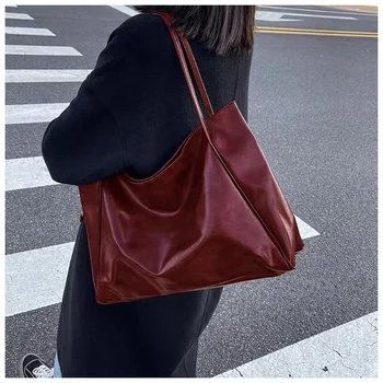Винтажная красная женская сумка-тоут Спортивная повседневная модная кожаная сумка большой емкости через плечо для покупок Harajuku Простая сумка-мешок