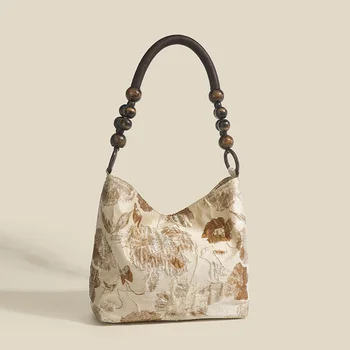 Новая сумка подмышками в китайском стиле с плетеной цепочкой из деревянных бусин 2024 Новая ретро-жаккардовая сумка через плечо