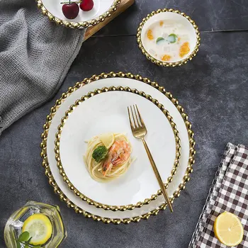 Обеденная тарелка в европейском стиле, тарелки из золотых бусин, керамические обеденные тарелки, миска для фруктового салата, миски для хлопьев для завтрака, тарелки для стейков в западном стиле