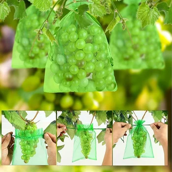100 Шт Виноградных Протекторов Fruit Mesh Bag Protector С Завязками Из Органзы Подарочные Пакеты Зеленый