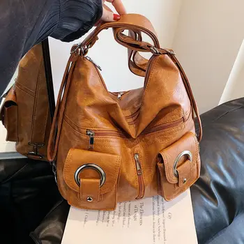 Корейские простые сумки через плечо для женщин большой емкости из искусственной кожи Женские рюкзаки для поездок на работу Классические школьные сумки на молнии