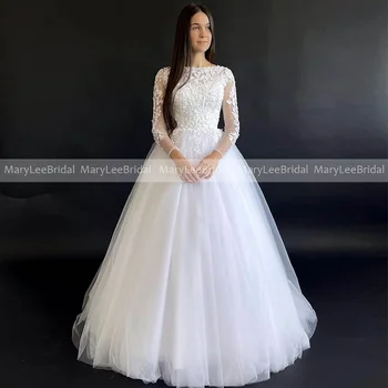 Белое бальное платье принцессы, свадебное платье с длинными рукавами и вырезом лодочкой, кружевные аппликации, свадебные платья в полный рост, сшитые по мерке, халат