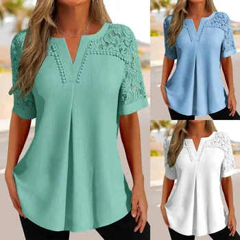 Летние женские футболки с коротким рукавом, футболки, Повседневная женская одежда, однотонная кружевная блузка с V-образным вырезом, Рубашка, пуловер, топы Плюс размер
