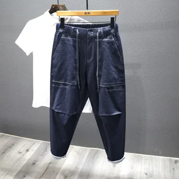 Японские джинсы-карго, мужские модные темно-синие брюки Y2k с большим карманом, мешковатые эластичные джинсовые брюки для молодежной мужской одежды на Хай-стрит