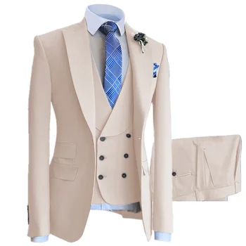 Комплект из 3 предметов, Блейзеры, куртка, жилет, брюки / 2024, Модный Новый мужской Повседневный деловой однотонный приталенный костюм, пальто, брюки, жилет