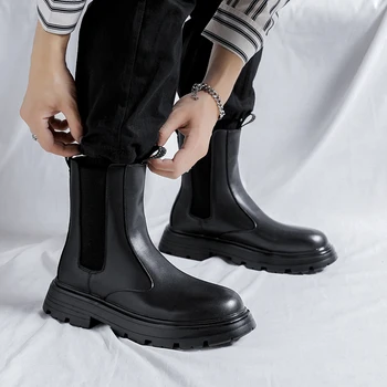 Модные классические черные зимние рыцарские ботинки из нового плюша, мужские ботинки 