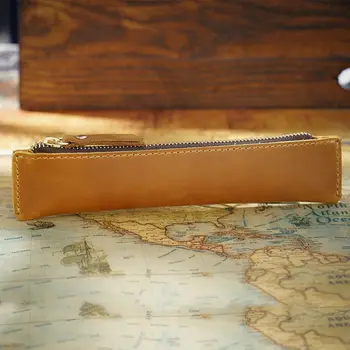 Портативный мини-чехол для ручек из натуральной кожи на молнии, сумка для хранения канцелярских принадлежностей, пенал для карандашей