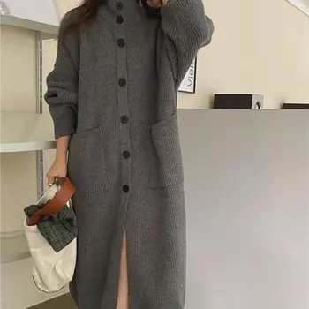Корейский модный вязаный кардиган средней длины, женское однобортное пальто, осенне-зимний свитер, пальто, пальто Женское