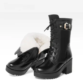 Кожаные Женские ботинки На Высоком каблуке, Шерстяная Утепленная Обувь для Женщин, Большой Размер 42, Зимние Зимние ботинки на платформе Высокого качества