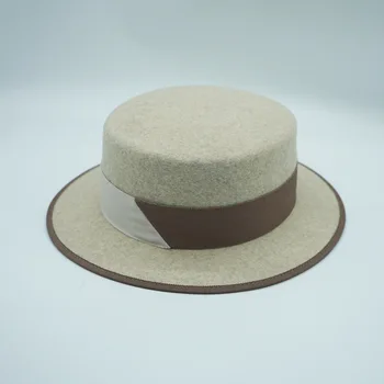 Женская фетровая шляпа с широкими полями, шляпа-канотье с плоским верхом, шляпа-пирог из свинины с лентой, бежевая шерстяная шляпа