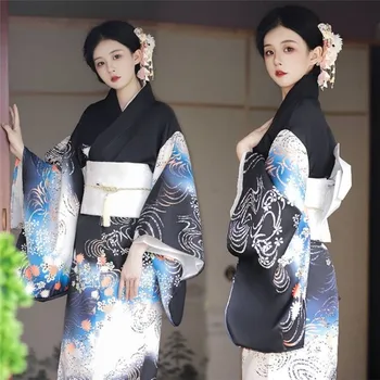 Элегантная женская Юката, Традиционное японское кимоно С белым Оби, халат Юката, костюмы для косплея, винтажное платье для выступлений и фотосъемки.