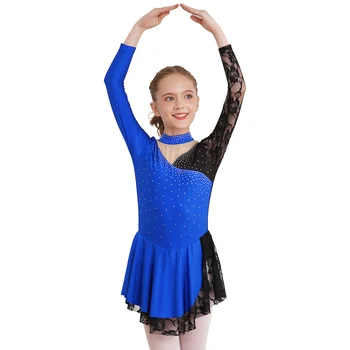 Детское балетное платье для танцев для девочек, костюм для гимнастики, фигурного катания, танцевальная одежда, кружевное платье в стиле пэчворк с блестящими стразами, с длинным рукавом