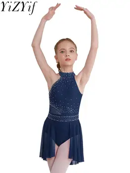 Балетное гимнастическое трико для девочек, Лирическое платье для фигурного катания, без рукавов, Блестящая сетка Со стразами, танцевальная одежда для выступлений на сцене.