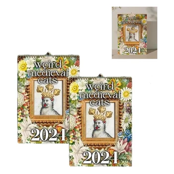 Календарь со странными средневековыми кошками на 2024 год, который можно повесить для офиса, дома, подарочная бумага с покрытием