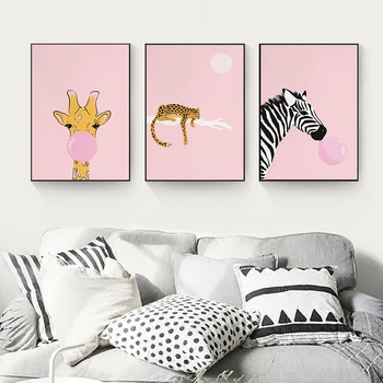 Розовый пузырь, Жираф, Леопард, Забра, Настенное искусство, холст, плакаты с животными, детская живопись для детей, картинки для декора детской комнаты