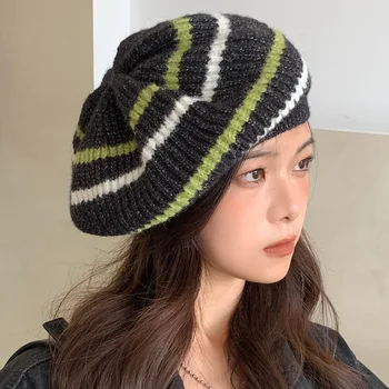 Полосатый вязаный берет, осенне-зимняя теплая женская шапка в британском стиле, японские милые шляпы художника, тыквенные береты