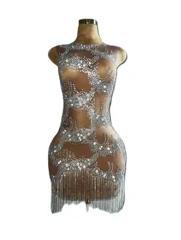 Вечернее Прозрачное платье без рукавов с серебряными кристаллами и бахромой, сексуальное платье для празднования Дня рождения, свадебные платья для выпускного вечера lianhua