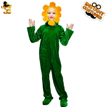Детский костюм Подсолнуха для мальчиков и девочек, маскарадный костюм на Хэллоуин, Зеленый комбинезон с цветком, детский косплей, забавная одежда для вечеринок
