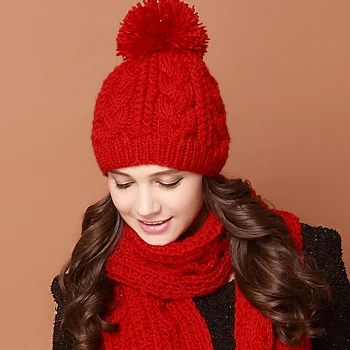 BomHCS, однотонный женский зимний теплый костюм ручной вязки, Шапочка и шарф, Вязаные крючком шапки, Кепки