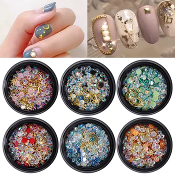 1 Банка 3D Стразы для ногтей смешанной формы, Кристалл алмаза, камень, Металлическая заклепка, Бусины для икры, драгоценные камни, аксессуары для художественного оформления DIY
