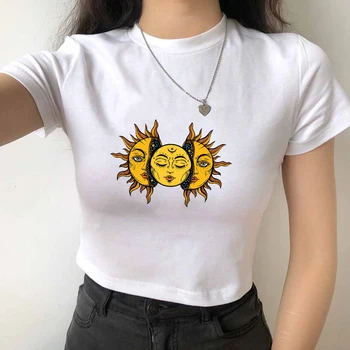 Женская футболка с изображением Солнца и Луны в стиле Харадзюку, забавная футболка с коротким рукавом, женская повседневная футболка с принтом Оверсайз.