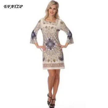 EFATZP Весеннее Дизайнерское платье для подиума, женские рукава 3/4, богемный принт, плюс размер XXL, прямое шелковое платье из джерси