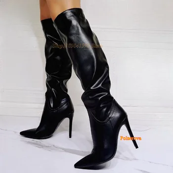 Черные плиссированные кожаные сапоги до колена, длинные сапоги с острым носком на тонком каблуке, женская обувь, мотоциклетные ботинки в стиле ретро, 11 см, 2023 размера Плюс