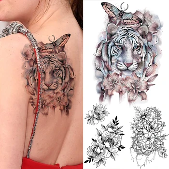 Акварельная 3D временная татуировка Бабочка Тигр Для женщин, девушка, Цветок Лилии, Ювелирные изделия, поддельная наклейка с татуировкой, сексуальная наклейка с татуировкой на спине, груди