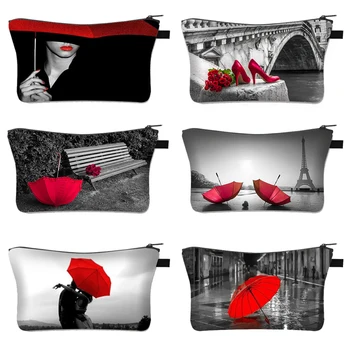 Косметичка серии Red & Black, женская косметичка на высоких каблуках с рисунком, большая вместительная сумка для хранения зонтиков, Розовые чехлы для макияжа