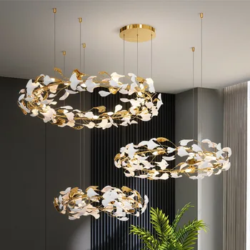 Современные светодиодные люстры для гостиной, керамические лепестки, подвесные светильники, домашний декор, дизайн золотого кольца, люстра