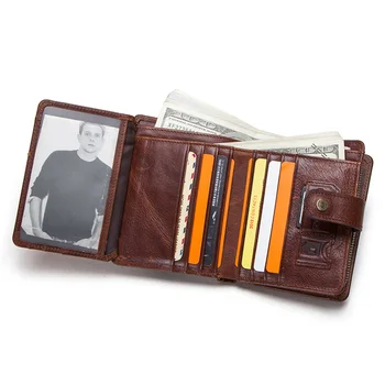 Винтажный мужской кошелек из натуральной кожи с RFID-защитой с карманом для монет, короткие кошельки, маленькие держатели для карт Walet на молнии, мужской кошелек