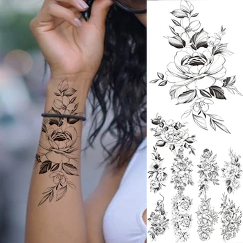Поддельный Черный Пион, Реалистичная Татуировка, Наклейка Для женщин, девочек, Роза, Георгин, Временные татуировки, Высококачественная Водонепроницаемая Татуировка для боди-арта.