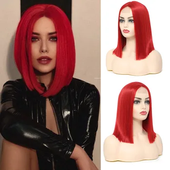 Красные короткие прямые волосы, 14-дюймовое кружево, синтетическое волокно средней длины, матовый высокотемпературный шелковый парик, полное покрытие волос для женщин