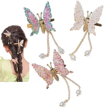 2 шт., Разноцветные кисточки с жемчугом для девочек, Заколки для волос с бабочками, Аксессуары для волос с бабочками