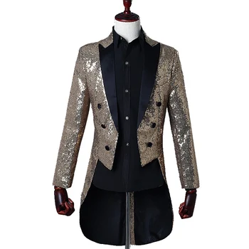 Мужской фрак с блестками, смокинг, пальто с ласточкиным хвостом, золотисто-красный Королевский синий блейзер, пиджак, наряды для выпускного вечера, мероприятия