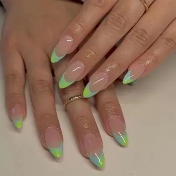 Длинные накладные ногти, новые миндалевидные накладные ногти с полным покрытием, Зеленый французский край, съемные типсы для ногтей своими руками
