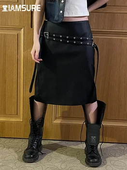 Юбки с разрезом из искусственной кожи в стиле панк IAMSURE, Темные облегающие юбки миди с низкой талией, женская осенне-зимняя уличная одежда 2023 г.
