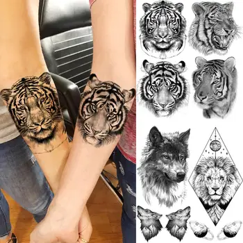 Реалистичные временные татуировки с Головой Тигра для женщин, взрослых Мужчин, Геометрические Поддельные татуировки Льва и Волка, Водонепроницаемые татуировки для боди-арта