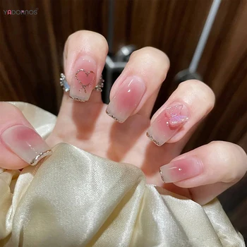 Накладные ногти в стиле Y2K Градиентного розового цвета С бантом в виде сердечка С любовью Нажимайте на ногти Блестящие края накладных ногтей для ежедневного использования в салоне