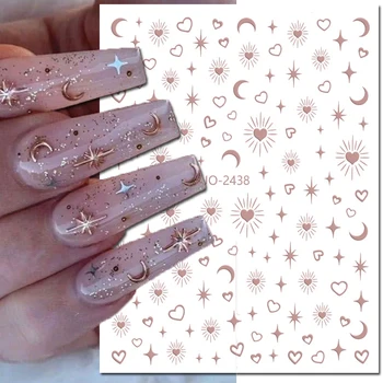 Наклейки для ногтей 3d Сердца из розового золота Звезды Луны Клейкие слайдеры Наклейки для ногтей Украшение для маникюра
