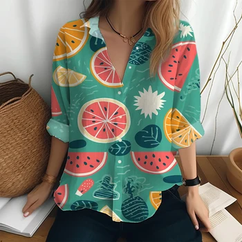 Рубашка в гавайском пляжном стиле, рубашка с фруктовым 3D принтом, топы, свободная повседневная рубашка большого размера с длинным рукавом, весенне-осенняя женская рубашка