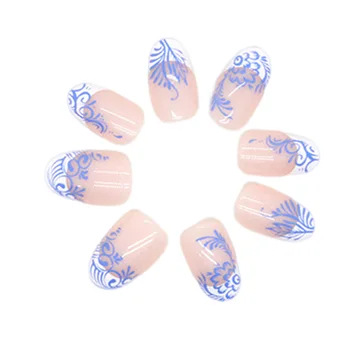 Декор с белыми краями Синие и белые фарфоровые накладные ногти с безвредными и гладкими краями для украшения ногтей своими руками