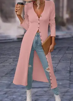 Мода осени 2023, женское пальто в рубчик с длинным рукавом и V-образным вырезом на пуговицах, Удлиненный топ, Милая повседневная блузка, Женская одежда