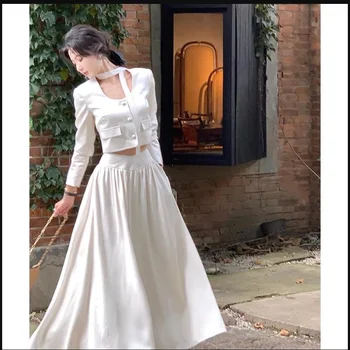Французский белый комплект из 2 предметов с длинным рукавом для женщин, осенний новый Элегантный модный короткий топ с высокой талией, длинная юбка, костюм, женская одежда